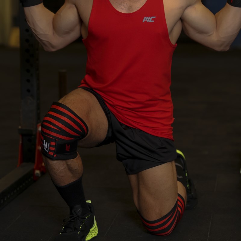 MuscleCloth Pro Knee Wraps Diz Bandajı 2'Li Paket - Cırt Bantlı Siyah Kırmızı