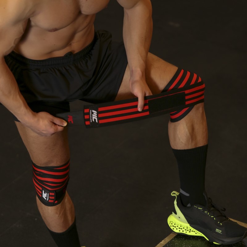 MuscleCloth Pro Knee Wraps Diz Bandajı 2'Li Paket - Cırt Bantlı Siyah Kırmızı