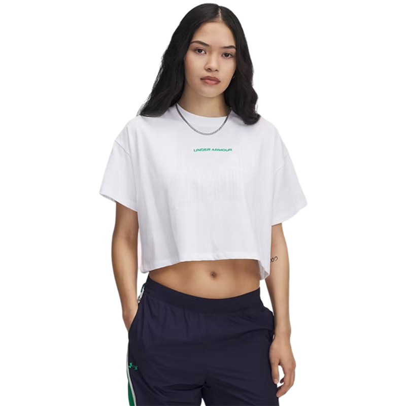 Under Armour Varsity Mix Heavyweight Kadın Kısa Kollu Crop T-Shirt Beyaz