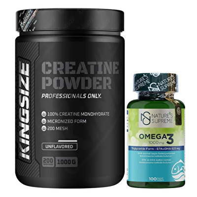 Kingsize Nutrition Creatine Powder 1000 Gr Aromasız + Nature's Supreme Omega 3 1000 Mg 100 Kapsül Kombinasyonu