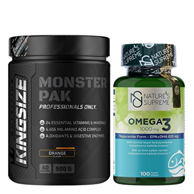 Kingsize Nutrition Monster Pak 500 Gr + Nature's Supreme Omega 3 1000 Mg 100 Kapsül Kombinasyonu