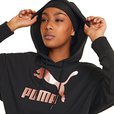 Puma Classics Metallic Logo Kad n Kapu onlu Sweatshirt Siyah Supplementler