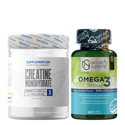 Supplementler.com Creatine (Creapure®) 255 Gr + Nature's Supreme Omega 3 1000 Mg 60 Kapsül Kombinasyonu