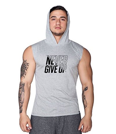 Supplementler.com Never Give Up Kapüşonlu Kolsuz T-Shirt Gri