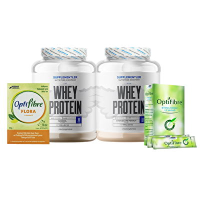 Supplementler.com Whey Protein 1000 Gr Mocha + 1000 Gr Çikolata Yer Fıstığı + Optifibre Flora 10 Sachet + Lif 10 Sachet Kombinasyonu